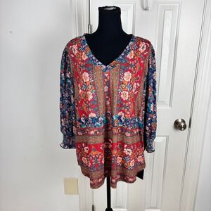 RAPBIN Women's XXL Floral Print V Neck Long Sleeve Boho Tunic Top